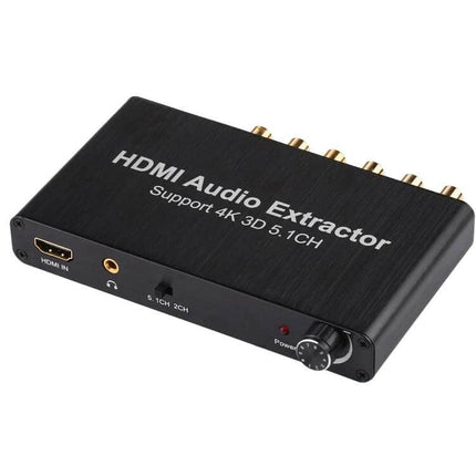 HDMI Audio Extractor for 5.1 Channel Surround Sound in Home Theaters compact black unit showing HDMI in, RCA outputs and volume knob