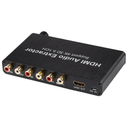 HDMI Audio Extractor for 5.1 Channel Surround Sound in Home Theaters - black HDMI audio extractor with DTS AC-3 support, RCA 5.1 outputs and HDMI out