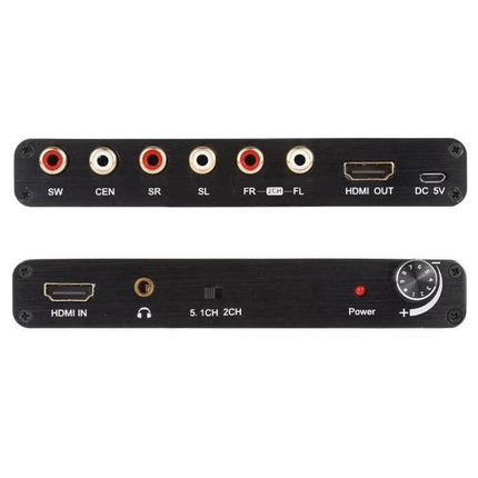 HDMI Audio Extractor for 5.1 Channel Surround Sound in Home Theaters black metal unit showing HDMI IN, HDMI OUT, RCA 5.1 ports and power controls