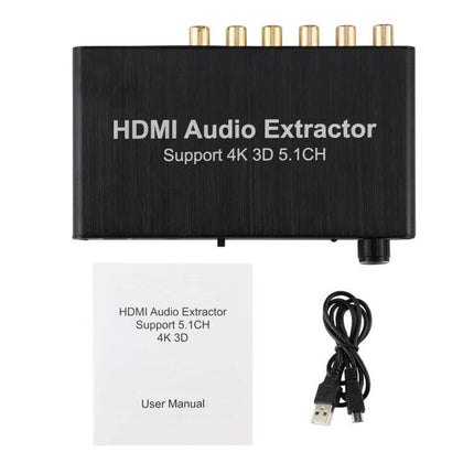 HDMI Audio Extractor for 5.1 Channel Surround Sound in Home Theaters compact HDMI audio extractor device with RCA outputs, user manual and USB cable