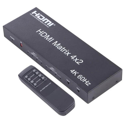 HDMI 4x2 Matrix Switcher with Remote for Multiple Displays — black 4-in 2-out HDMI matrix supporting 4K with included remote