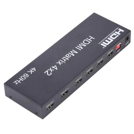 HDMI 4x2 Matrix Switcher with Remote for Multiple Displays black metal unit showing four HDMI inputs and two HDMI outputs, 4K 60Hz support