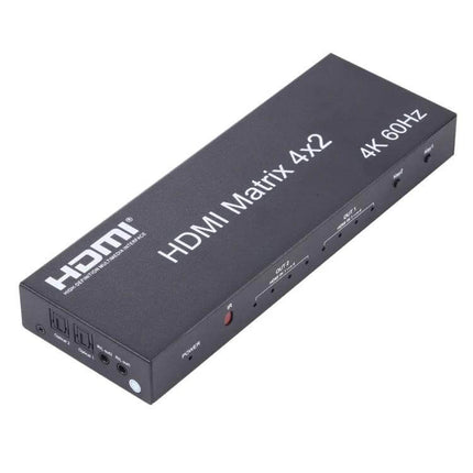 HDMI 4x2 Matrix Switcher with Remote for Multiple Displays black box showing 4x2 inputs outputs 4K 60Hz front buttons and ports