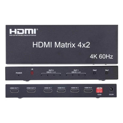 HDMI 4x2 Matrix Switcher with Remote for Multiple Displays - black 4K 60Hz HDMI matrix 4 inputs 2 outputs with remote and IR control