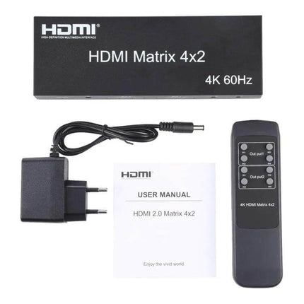 HDMI 4x2 Matrix Switcher with Remote for Multiple Displays - compact 4K 60Hz unit with power adapter, remote and manual