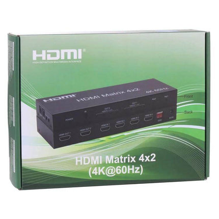 HDMI 4x2 Matrix Switcher with Remote for Multiple Displays black box on green packaging showing HDMI ports and 4K@60Hz label