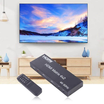 HDMI 4x2 Matrix Switcher with Remote for Multiple Displays shown in a living room with TV, remote, and 4K 60Hz HDMI Matrix 4x2 unit