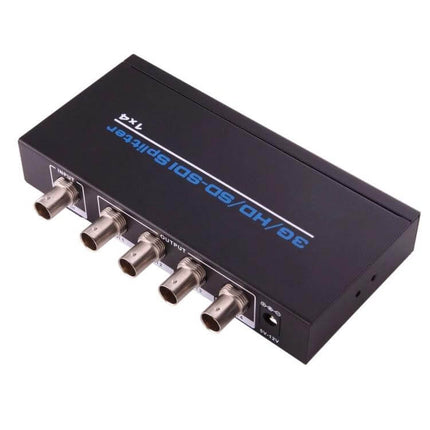 Newkeng 1x4 SDI Video Splitter for Multiple Signal Outputs - black 1x4 SDI/HD-SDI splitter with four BNC outputs for broadcast and live event distribution