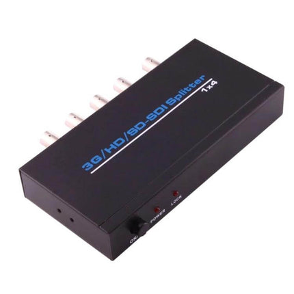 Newkeng 1x4 SDI Video Splitter for Multiple Signal Outputs black 1x4 SDI splitter box with four BNC outputs
