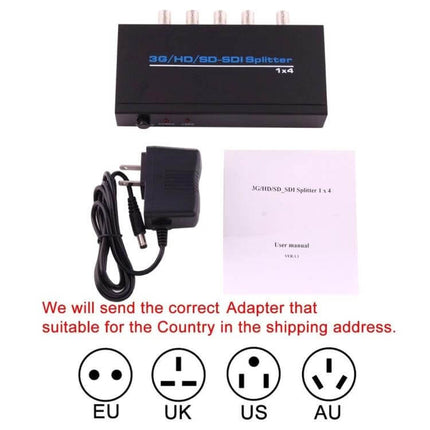 Newkeng 1x4 SDI Video Splitter for Multiple Signal Outputs black 1x4 SDI box with power adapter and user manual