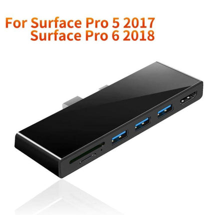 Rocketek Versatile USB Hub with HDMI and Card Reader connected to Surface Pro 5 showing HDMI, USB 3.0 ports and card reader for screen mirroring and file transfer