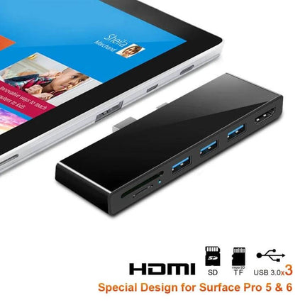 Rocketek Versatile USB Hub with HDMI and Card Reader connected to Surface Pro showing HDMI, SD, TF and three USB 3.0 ports