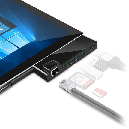 Rocketek Multi-Port USB Hub with Ethernet and HDMI Connectivity attached to laptop showing Ethernet port, HDMI, USB and card slots