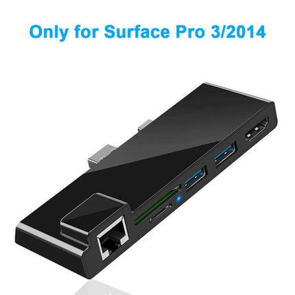 Rocketek Multi-Port USB Hub with Ethernet and HDMI Connectivity showing Gigabit Ethernet, HDMI, USB and card slots for Surface Pro 3/2014