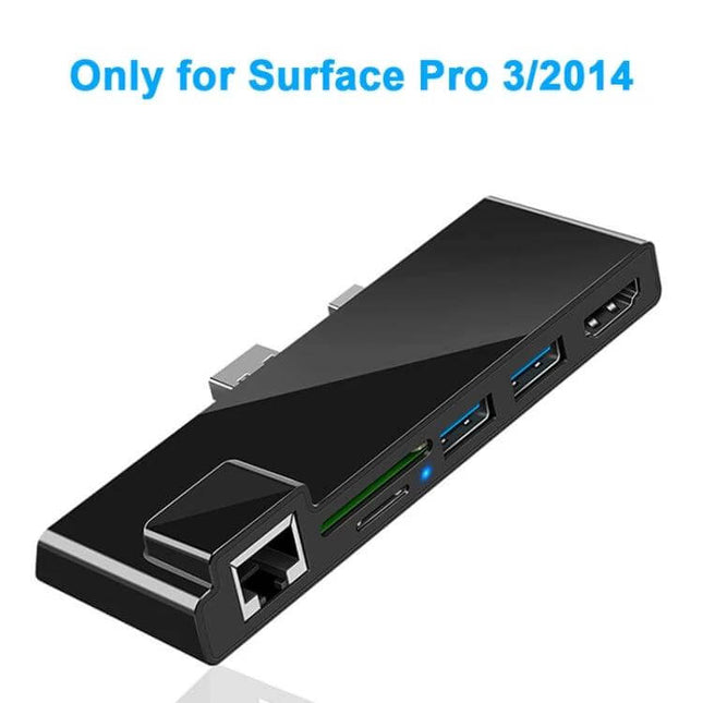 Rocketek Multi-Port USB Hub with Ethernet and HDMI Connectivity showing Gigabit Ethernet, HDMI, USB and card slots for Surface Pro 3/2014