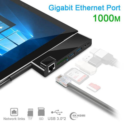 Rocketek Multi-Port USB Hub with Ethernet and HDMI Connectivity connected to a tablet showing Gigabit Ethernet, HDMI and multiple USB and card slots