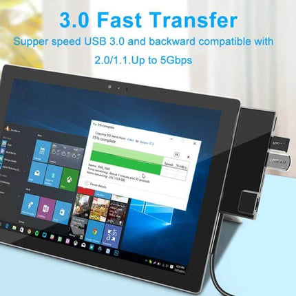 Rocketek Multi-Port USB Hub with Ethernet and HDMI Connectivity connected to a tablet showing USB 3.0 fast transfer and HDMI output