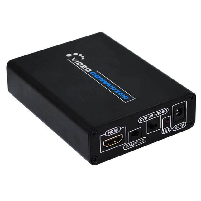 HDMI to AV Composite and S-Video Converter for European Outlets black video converter box with HDMI, composite and S-Video ports