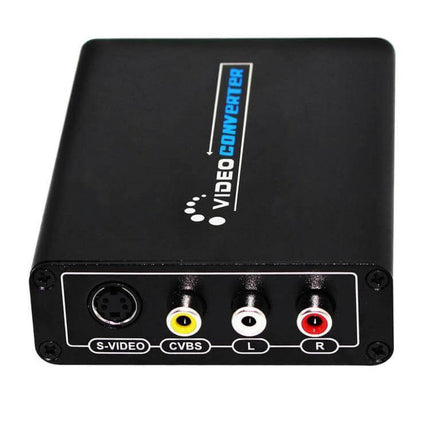HDMI to AV Composite and S-Video Converter for European Outlets - black video converter box with S-Video and RCA CVBS L R ports