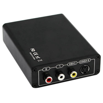 HDMI to AV Composite and S-Video Converter for European Outlets black converter box showing RCA and S-Video outputs