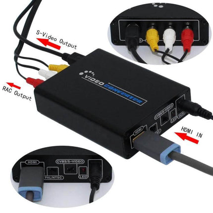 HDMI to AV Composite and S-Video Converter for European Outlets black HDMI to composite S-Video signal converter box with RCA cables