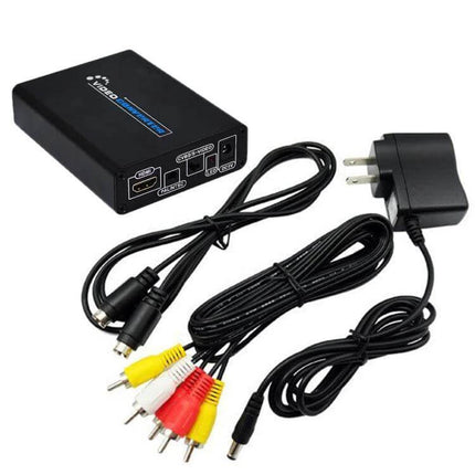 HDMI to AV Composite and S-Video Converter for European Outlets with RCA and S-Video cables and EU power adapter, black compact unit