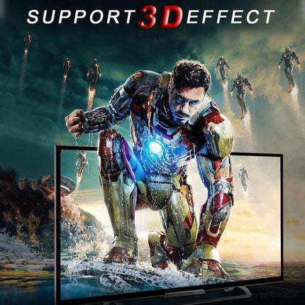 Rocketek 2-Meter HDMI Cable for Connecting TVs and Devices — TV displaying 3D action scene with superhero emerging from screen