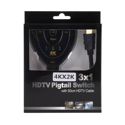 Versatile HDMI Switch for Connecting Multiple Devices to TV — 3x1 HDTV pigtail switch with 50cm cable, 4K support