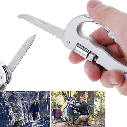 Heavy Duty D-Shape Carabiner With Knife For Camping — compact aluminum carabiner with folding serrated blade and LED lamp for hiking and campsite use