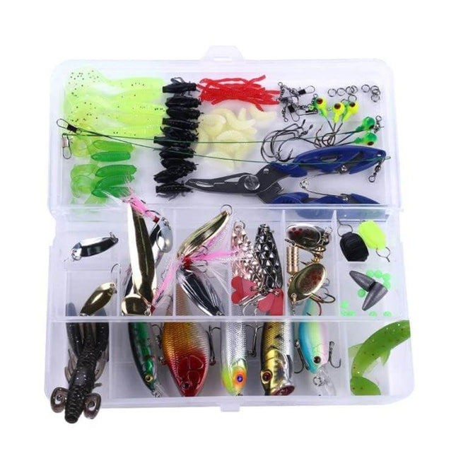 HENGJIA Sea Bass Fake Soft Bait 110 Piece Box For Freshwater Fishing - organized ABS tackle box with soft baits, hard lures, hooks and accessories