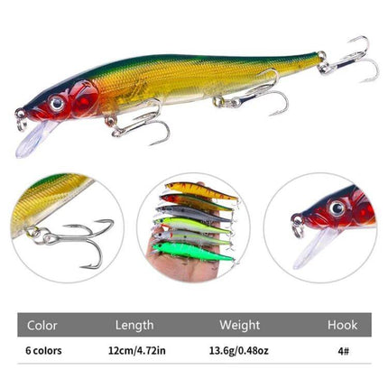 HENGJIA 6-Color Submerged Minnow Lure Set For Everyday Fishing, 12cm - photo of six 12cm plastic and metal fishing minnows with treble hooks and night-light finish