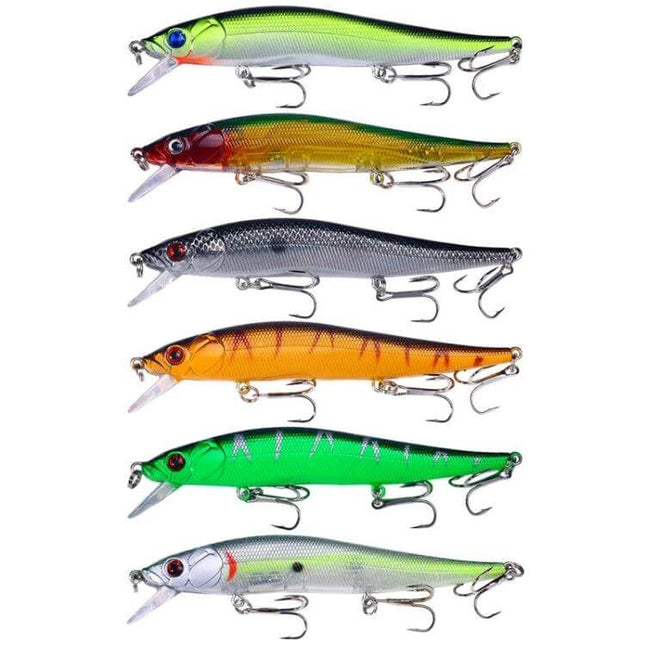 HENGJIA 6-Color Submerged Minnow Lure Set For Everyday Fishing, 12cm - six 12cm plastic and metal minnows with night-light visibility for casting gear