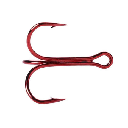HENGJIA Classic Red Three Jaw Treble Hooks For Freshwater Fishing - red high-carbon steel treble hook close-up