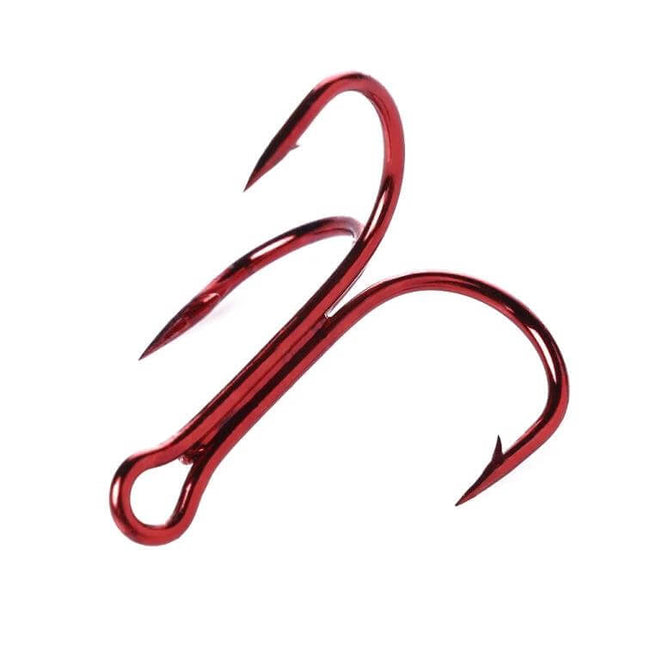 HENGJIA Classic Red Three Jaw Treble Hooks For Freshwater Fishing - high carbon steel red treble hook close-up