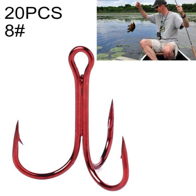 HENGJIA Classic Red Three Jaw Treble Hooks For Freshwater Fishing - red high-carbon steel 3-jaw treble hook shown with angler catching fish