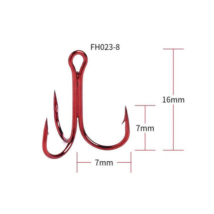 HENGJIA Classic Red Three Jaw Treble Hooks For Freshwater Fishing red treble hook FH023-8 16mm overall, 7mm spacing, high-carbon steel, corrosion-resistant finish