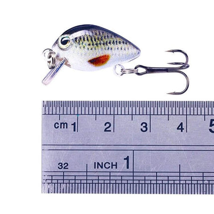 HENGJIA Floating Mini 2.5cm Luya Bait For Freshwater Fishing - compact 2.5cm floating lure with 3D eyes and treble hook shown next to ruler