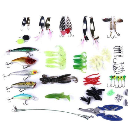 HENGJIA Sea Bass Fake Soft Bait 110 Piece Box For Freshwater Fishing – organized 110-piece lure kit with soft baits, hard lures, hooks, weights and pliers