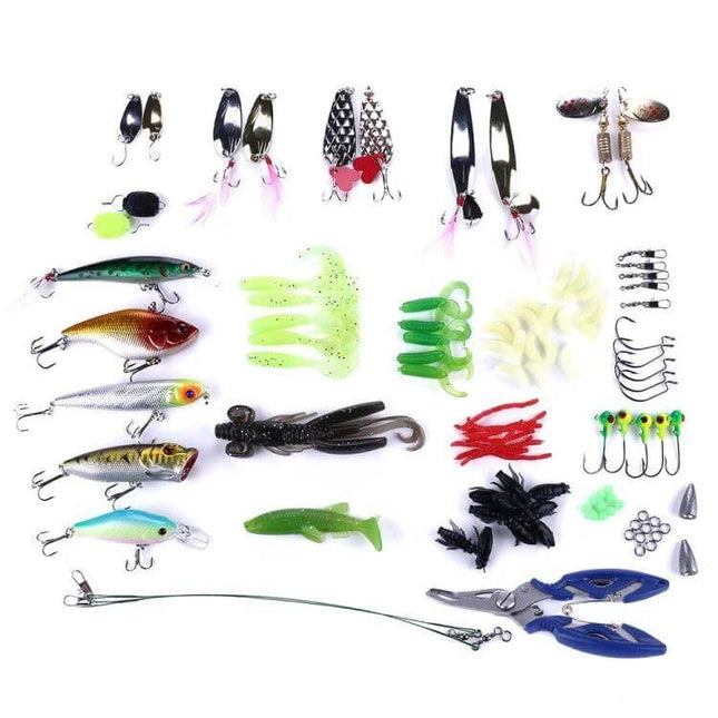 HENGJIA Sea Bass Fake Soft Bait 110 Piece Box For Freshwater Fishing – organized 110-piece lure kit with soft baits, hard lures, hooks, weights and pliers