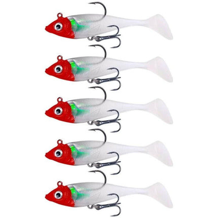 HENGJIA T-Tail Soft Fishing Lure For Freshwater 8.5cm - pack of 5 red-head white tail soft plastic lures with treble hooks