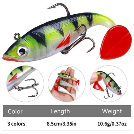 HENGJIA T-Tail Soft Fishing Lure For Freshwater 8.5cm realistic perch-pattern soft bait with red T-tail and treble hooks, 10.6g lightweight castable