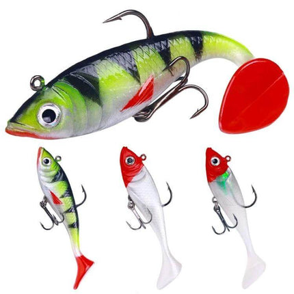 HENGJIA T-Tail Soft Fishing Lure For Freshwater 8.5cm realistic green perch pattern soft bait with red T-tail and treble hooks for lakes and rivers