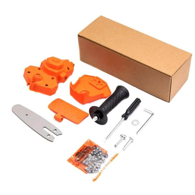 HILDA Portable Pruning Chain Saw 6 Inch For Garden Tasks compact drill-powered pruning kit with alloy blade, handle, chain and orange plastic guards
