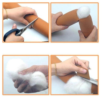 Leather Car Seat Gap Filler for Preventing Items from Falling shown being cut, filled with stuffing, and assembled for installation