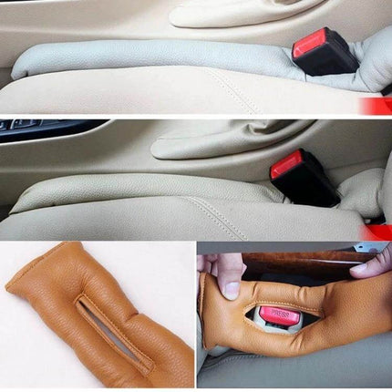 Leather Car Seat Gap Filler for Preventing Items from Falling installed between beige car seats to stop phones keys and snacks from slipping