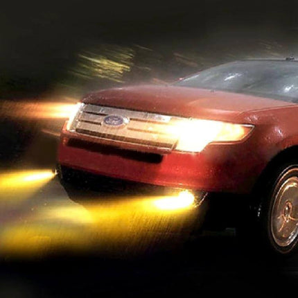 HOD 2-Pack Headlight Bulbs for Cars Everyday Night Driving — red car with bright xenon headlights illuminating wet road