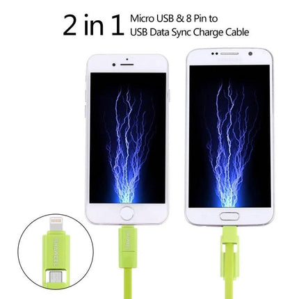 HAWEEL Cable for Everyday Phone Charging and Data Syncing - green 2-in-1 Micro USB and Lightning charging and data sync cable shown with two phones