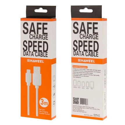 HAWEEL Micro USB Cable for Everyday Device Charging – 3m white micro USB data and charging cable in retail box