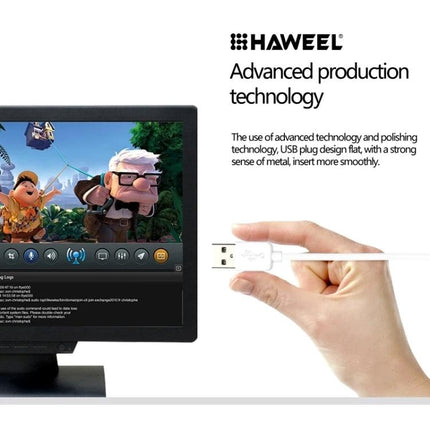 HAWEEL Micro USB Cable for Everyday Device Charging white cable shown near monitor and hand demonstrating USB connection