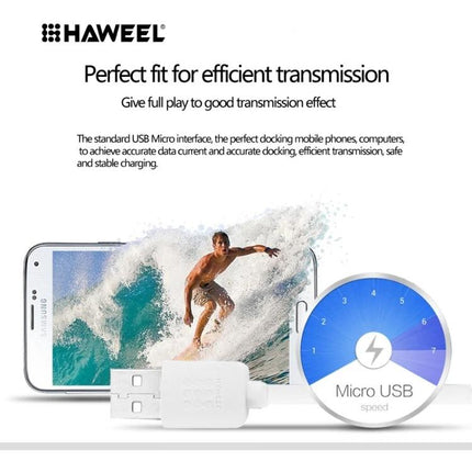 HAWEEL Micro USB Cable for Everyday Device Charging shown with smartphone, surfing graphic and micro USB speed icon